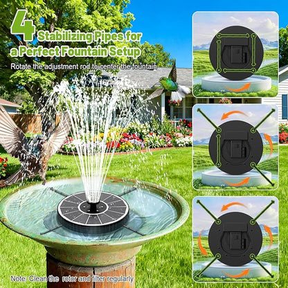 Solar Fountain with 3 Spray Height, Colorful Led Lights, 3.5W Glass Solar Bird Bath Water Fountain with 2000mAh Battery, 4 Rotating Rods and 7 Nozzles for Hummingbird Bathing, Outdoor Décor