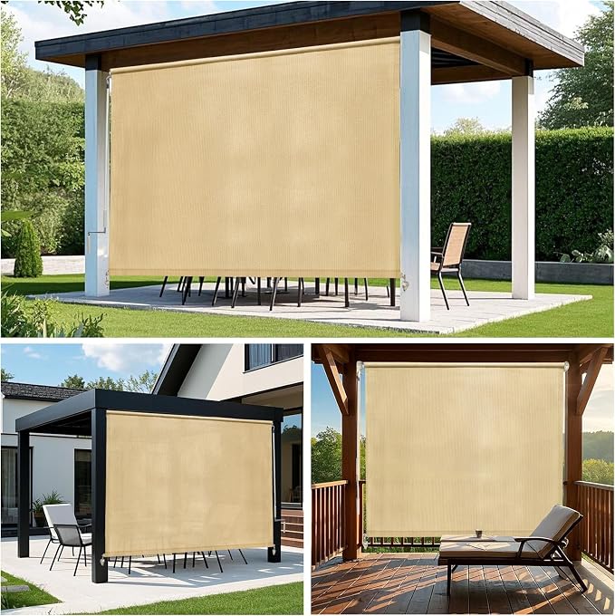 KANAGAWA Outdoor Roller Shade 11'X8' Sesame Exterior Cordless Patio Roll Up Shades for Outside Pergola Porch, Outdoor Blinds for Patio