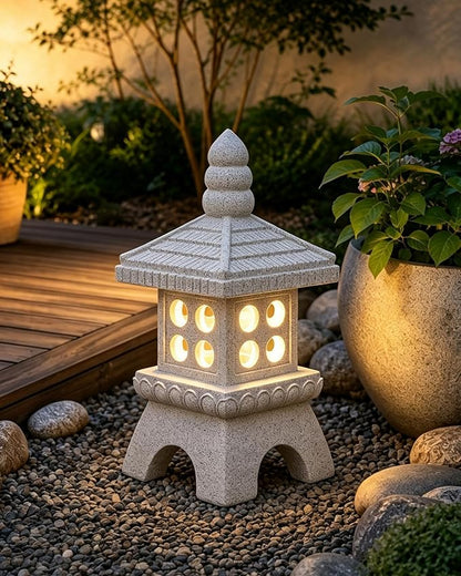 Nacome Solar Pagoda Garden Statues:15.7 inches Outdoor Weatherproof Resin Zen Decor for Landscape Balcony Patio Porch Yard Ornament(Gray)
