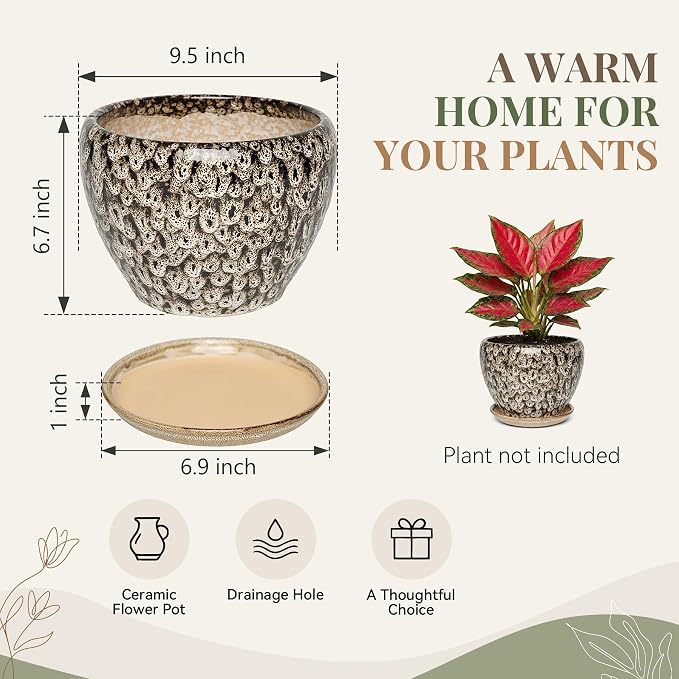 9.5 Inch Ceramic Plant Pot with Drainage Hole Mesh Net,Modern Gardening Pots for Indoor Plants with Saucer, Speckle White
