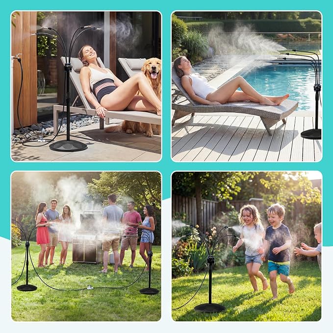 HOMENOTE Standing Misting Cooling System with Fillable Base, 26.2FT Water Line, Adjustable Height Standing Mister for Outside Patio Cooling, Pool Tanning, Garden Greenhouse Watering (Black)