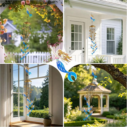 Mermaid Metal Wind Chimes Outdoor with S Hook, Housewarming Patio Decor | Wind Chimes for Outside & Loss of Loved One, Outdoor Clearance Mermaid Windchime, Housewarming Gift, Patio Garden Decor