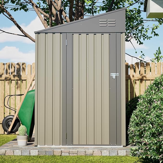 YOPTO 4x7 FT Outdoor Storage Shed,Metal Lean to Storage Shed with Reinforced Beams,All Weather Waterproof Garden Tool House W/Lockable Door & Reversible Installation,for Backyard,Patio,Lawn,Olive Gray