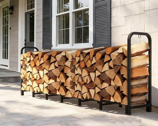 Firewood Rack Outdoor 8 FT - Adjustable Length (2.6-8ft), Holds 1/2 Face Cord Firewood, Heavy Duty Log Holder with 14 Support Legs for Backyard Fire Pit & Indoor Fireplace,Black