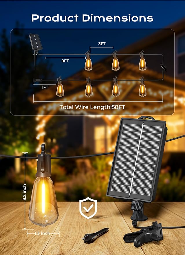 Brightown 58FT Solar String Lights Outdoor Waterproof, Patio Lights with Remote and 25+1 LED Shatterproof Bulbs, Dimmable & Timable, 3 Light Modes, Solar Lights Outdoor for Yard Camping Party Outside