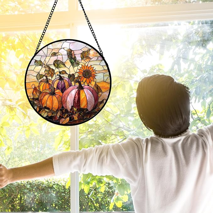 DASTOLL Stained Glass Window Hanging, Pumpkin Sunflower Suncatcher Diamond Glass Panel Sun Catchers Decor for Birthday for Women, Men, Wife, Aunt, and Mom 9.8 in