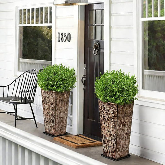 BAYN 2-Pack 24" Tall Metal Planter – Hand-Hammered Textured Large Bronze Flower Pots Box with Saucer for Outdoor&Indoor, Garden, Porch, Patio, Yard with Pre-Drilled Drainage Holes