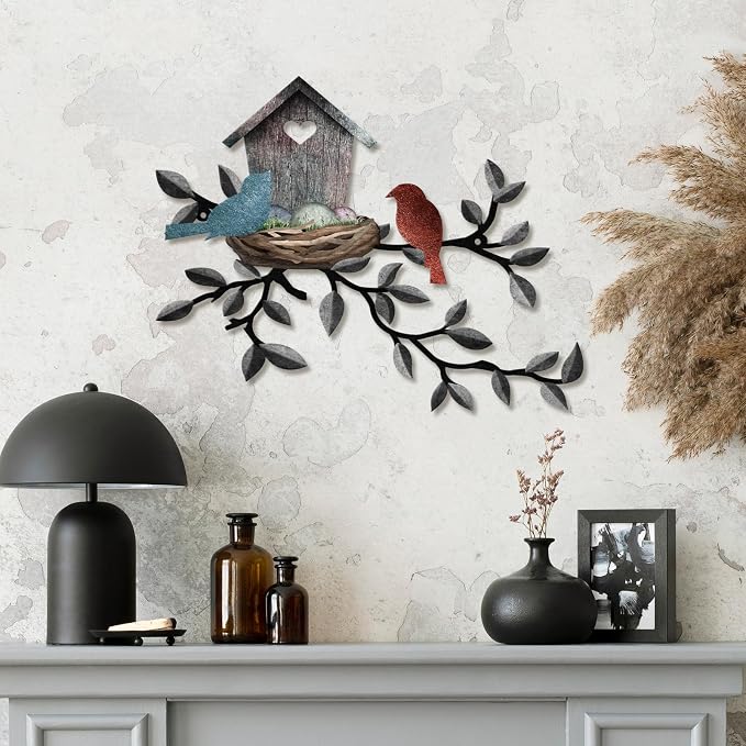COLOR VALLEY ART-Metal Bird Wall Art Birds on The Branch Wall Decor Leaves with Birds Sculpture Bird Silhouette Metal Ornament Branch Wall Hanging Sign for Balcony Garden Decor (Dark Grey-16.5''x13'')