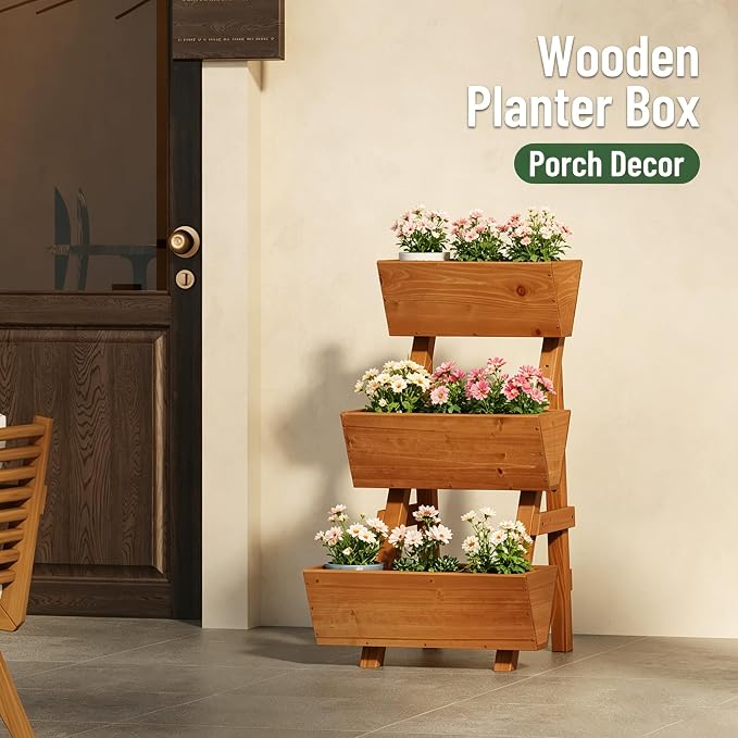 3-Tier Vertical Wooden Raised Garden Bed, Freestanding Garden Planter Box, Wood Flower Rack, Planter Box for Herbs, Vegetables, Outdoor Indoor Use, Small-Brown