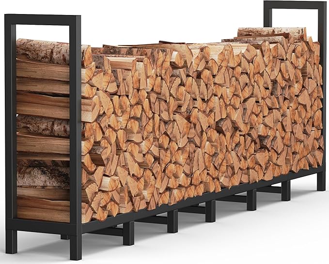 8ft Outdoor Firewood Rack Holder with 14 Support Legs for Fire Wood Pile Storage, Adjustable Heavy Duty Log Stacker Stand Organizer, Black