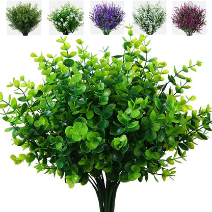 XLFAQXM Artificial Plants Flowers Grass Shrubs 8 Pack No Fade Faux Plastic Flowers Outdoor for Farmhouse Garden Porch Patio Indoor Wedding Decoration Greenery Fake Plants uv Resistant (1#Green)