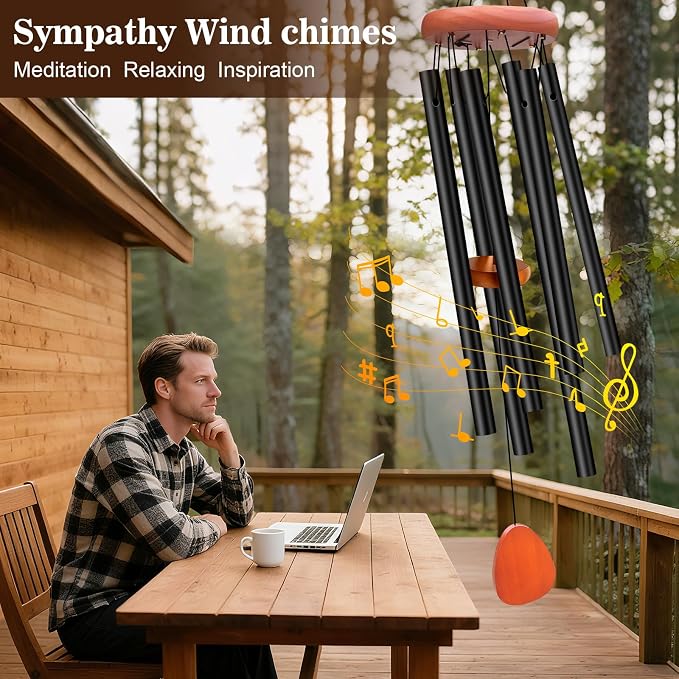 Wind Chimes for Outside, Soothing Melodic Memorial Sympathy Wind Chime, Suitable Outdoor Garden Decor, Gift for Mom Women Neighbors (Black Wind Chimes-26 in)