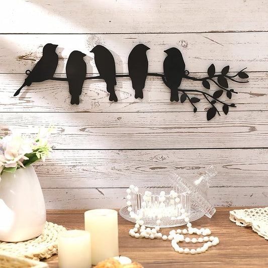 Ferraycle Metal Bird Wall Art - Birds on Branch with Leaves - Metal Sculpture Wall Hanging Sign for Balcony, Garden, Home Decor(Black)