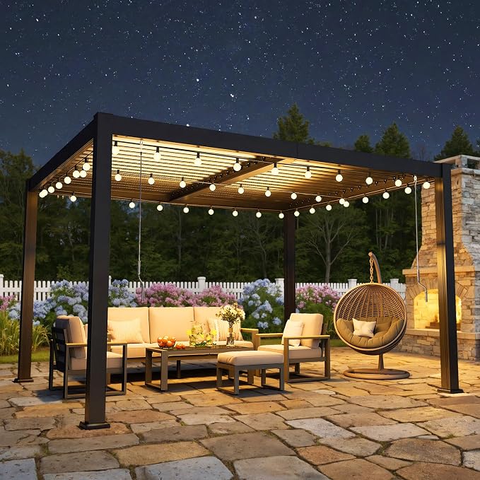 Louvered Pergola, 10' x 12' Outdoor Pergola, Aluminum Frame Patio Gazebo with Adjustable Louvers Roof and Integrated Gutter System, Outdoor Hardtop Gazebo for Patio, Backyard, Deck, Garden, Dark Gray