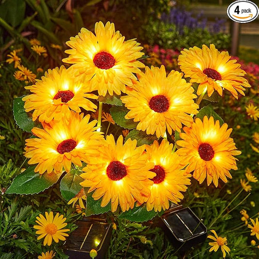 WdtPro 4 Pack Outdoor Solar Garden Lights with 16 Glowing Daisy Flowers & Stems, Waterproof Solar Flowers Lights for Outside Yard Patio Decor