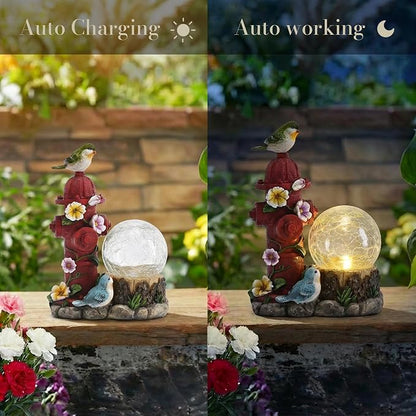 TERESA'S COLLECTIONS Garden Decor, Cute Birds and Hydrant Garden Statue with Solar Light Glass Ball, Waterproof Resin Outdoor Statue, Cute Bird Decor, Garden Gift for Women Mom, Indoor/Outdoor