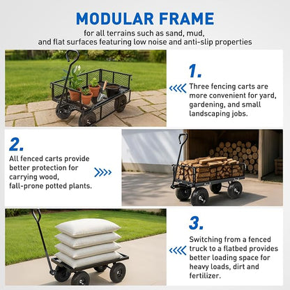 Yesker Steel Garden Carts - 800lbs Dump Wagon with All Terrain Inflatable Wheels for Yard Lawn Farms Gardening - Heavy Duty Utility Outdoor Hauling Wheelbarrow