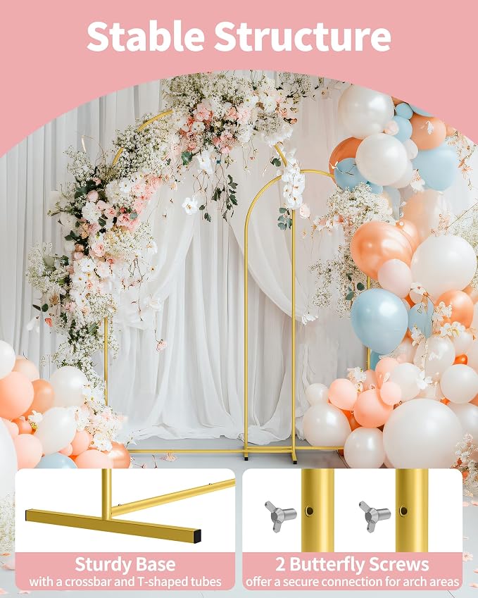 Pureegg Metal Arch Backdrop Stand Set - Set of 2 (7.2ft/6.6ft), Gold Wedding Stand with Stable Base, Elegant Backdrop Cover for Party, Birthday, Baby Shower, Graduation, Easy to Assemble