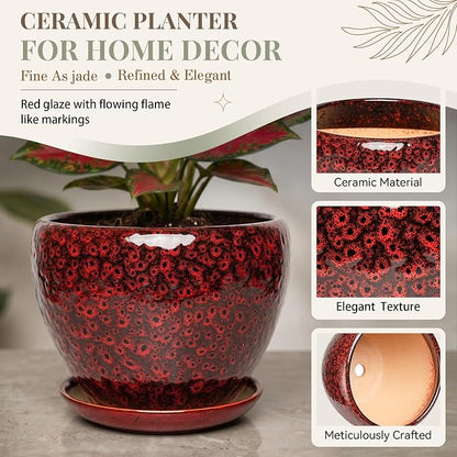 11 Inch Ceramic Plant Pot with Drainage Hole Mesh Net, Large Gardening Pots for Indoor Plants with Saucer, Speckle Red
