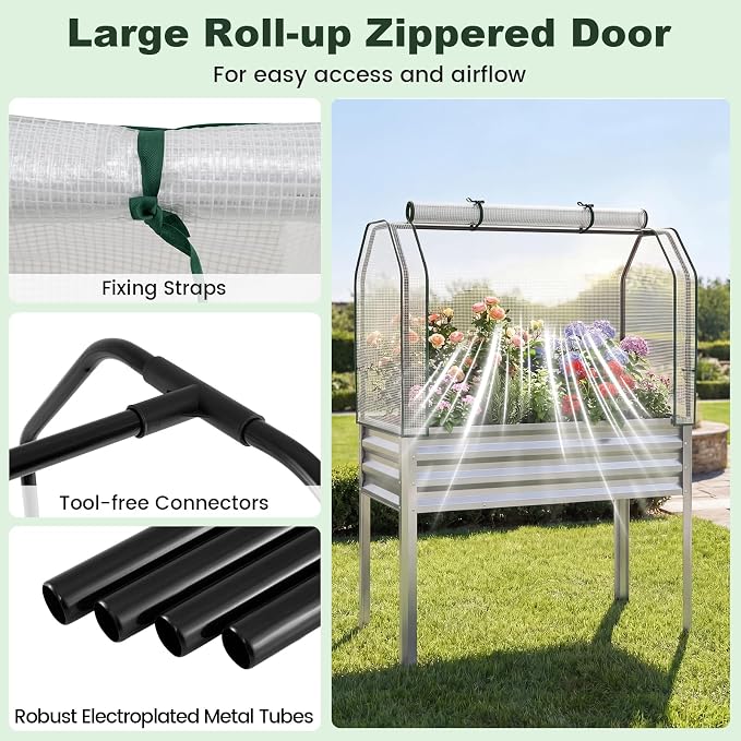Giantex Raised Garden Bed with Legs & Greenhouse Cover, 44x22x60 Elevated Metal Planter Box with Roll-up Door, Outdoor Mini Greenhouse for Vegetable Flower Herb Patio Balcony (Silver,1)