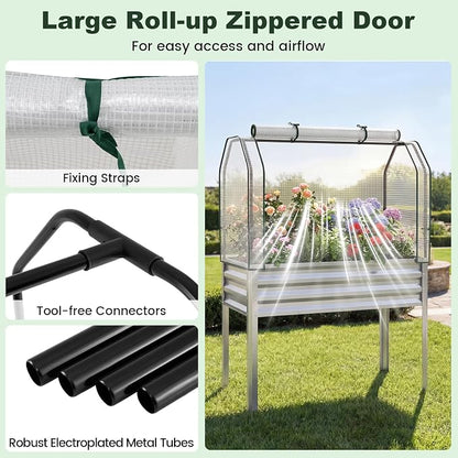 Giantex Raised Garden Bed with Legs & Greenhouse Cover, 44x22x60 Elevated Metal Planter Box with Roll-up Door, Outdoor Mini Greenhouse for Vegetable Flower Herb Patio Balcony (Silver,1)