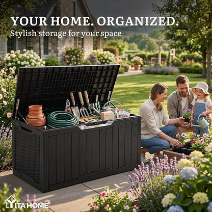 YITAHOME 100 Gallon Large Outdoor Storage Box | Water Resistant Resin Deck Box w/Silver Decorative PVC Trim Pane, Lockable Rattan Storage Container for Patio, Garden