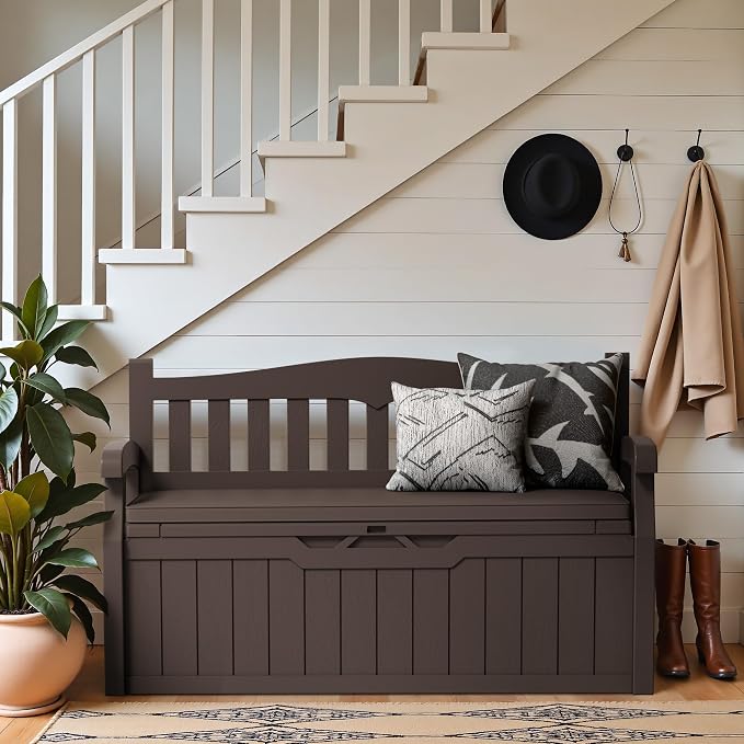 Greesum 80 Gallon Heavy-Duty Outdoor Storage Bench with Cushion, UV-Resistant Resin Bench with Armrest, Deck Box for Garden, Poolside, Patio, Dark Brown