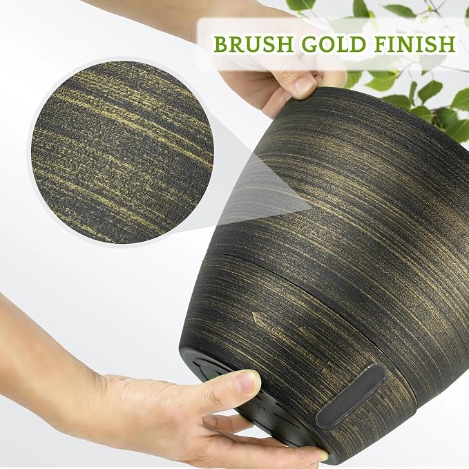 ZMTECH 12/10/8 in Self Watering Pots for Indoor/Outdoor Plants, Gold Bronze Large Plastic Planter with Water Level Indicator, Drainage Hole & Removable Saucer for Garden Flowers, Deco Plant Container