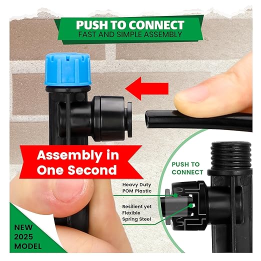 Bonviee 40-Pack 1/4-Inch Quick-Connect Adjustable Drip Emitters, Stream | Push-to-connect stakes deliver targeted watering for vegetables, shrubs, flower beds, and garden plants.