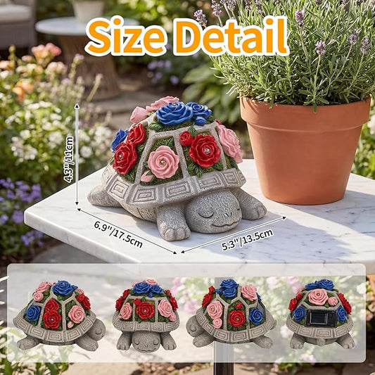 Solar Garden Decor Outdoor Turtle Statue with Multi-Color Rose Flowers & 7 LED Lights – Outside Tortoise Decoration for Lawn Yard Patio Backyard - Home House Art - Gift for Men Dad Women Mom