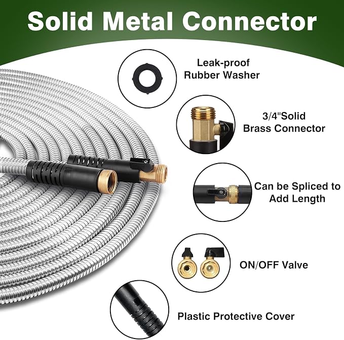 25FT Metal Garden Hose 304 Stainless Steel Flexible Water Hose - No Kink & Tangle Heavy Duty Pipe with Nozzle, Durable 3/4 Brass Fittings and Valve - Rust Proof Puncture Proof for Yard Lawn