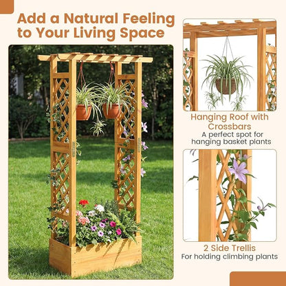 Happygrill 60" Raised Garden Bed with Trellis, Wood Planter Box w/Hanging Roof, 2 Side Trellises, Open-Ended Base for Flower, Climbing Plant, Plant Container for Garden