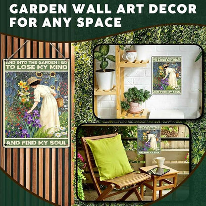 PEACHGARDEN Garden Signs and Into The Garden I Go Women's Gardening Gift Metal Sign Yard Wall Art Decor for Patio Porch Backyard 12x16 inch
