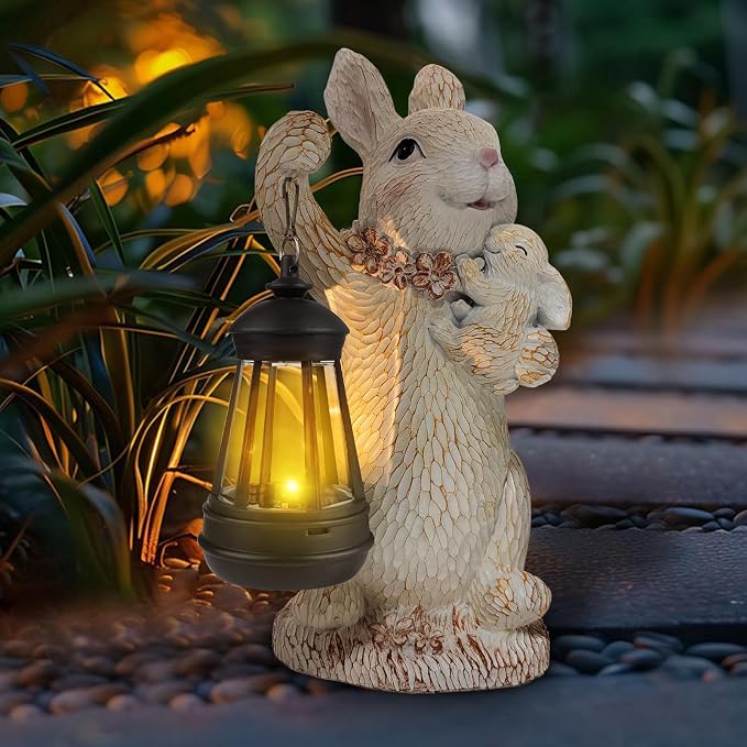 Solar Garden Statues Rabbit Lights, Outdoor Lighted Bunny Garden Decor Waterproof Figurines for Patio Porch Balcony Yard Lawn Lantern, Unique Easter Gifts for Mom Grandma Mother