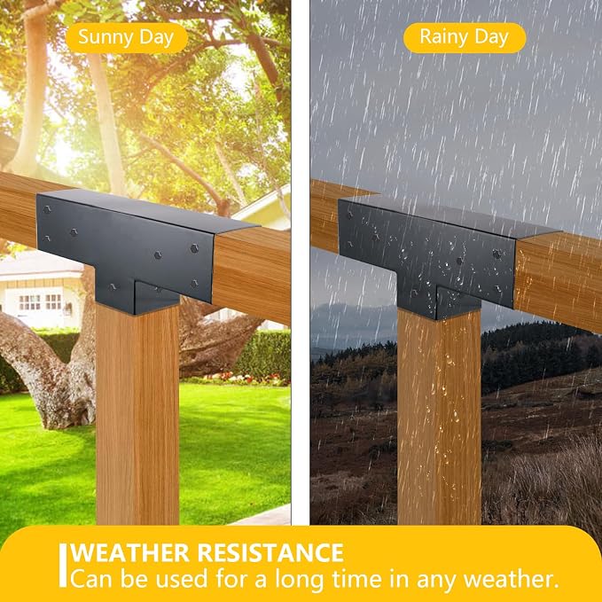 4x4 Pergola Brackets Kit, 3-Way T Shape, 3.58 x 3.58 in, 2 Pack | Q235 Steel with Black Powder-Coated Finish, 32 Self-Tapping Screws Included for Gazebos, Patios and Garden Arbors