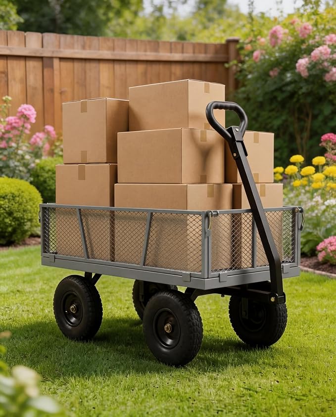 GarveeTech 1200LBS Heavy Duty Steel Garden Cart, Garden Wagon Cart on Wheels, Metal Yard Utility Wagon with Removable Mesh Sides, 13" All Terrain Tires, 180° Rotating Handle for Lawn, Garden, Farm