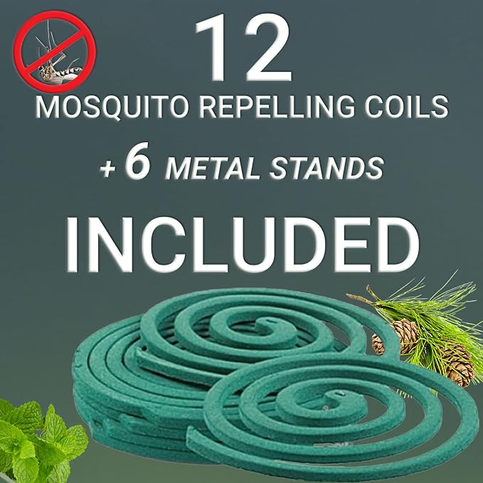 W4W Mosquito Repellent Coils - Outdoor Use Reaches Up to 10 feet - Each Burns for 5-7 Hours (Three Pack Contains 12 coils & 6 Stands)