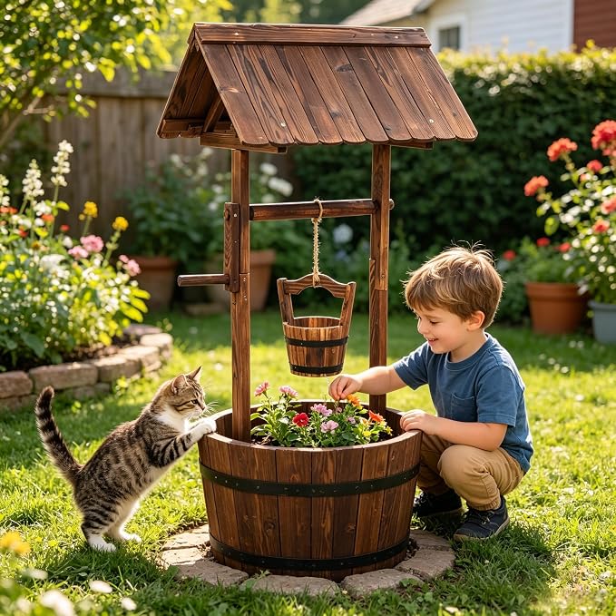 Wishing Well for Outside - Garden Wooden Decor Rustic Wishing Well Flower Pots, Height Adjustable Hanging Plant Pots with 2 Reinforced Rods for Patio Lawn Backyard Home Planters (Brown)