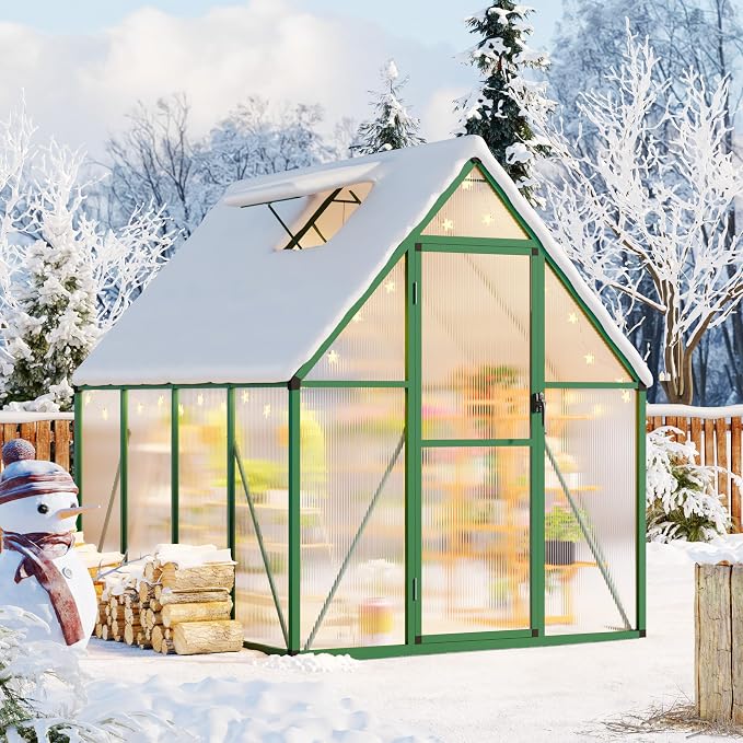 CABIHOME 8x12 FT Outdoor Greenhouse, Polycarbonate Greenhouse with Roof Vent and Ground Nails, Aluminum Large Walk-in Green House w/ Lockable Push Door for Outdoor Garden (Green, 6x7 FT)