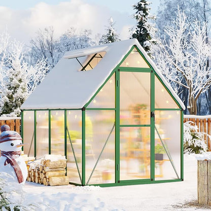CABIHOME 8x12 FT Outdoor Greenhouse, Polycarbonate Greenhouse with Roof Vent and Ground Nails, Aluminum Large Walk-in Green House w/ Lockable Push Door for Outdoor Garden (Green, 6x7 FT)