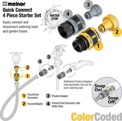 Melnor 65134AMZ 5 Piece Quick Connect Starter Set Connector Bundle, Product and Faucet Adapter, Product End and Faucet End Connector, Black, Yellow, Grey