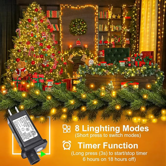 328FT 1000 LED Christmas Lights, Plug in Warm White Christmas Tree Lights Outdoor with Timer and 8 Modes, Green Wire Waterproof String Lights for Indoor Yard Patio Xmas Holiday Decorations