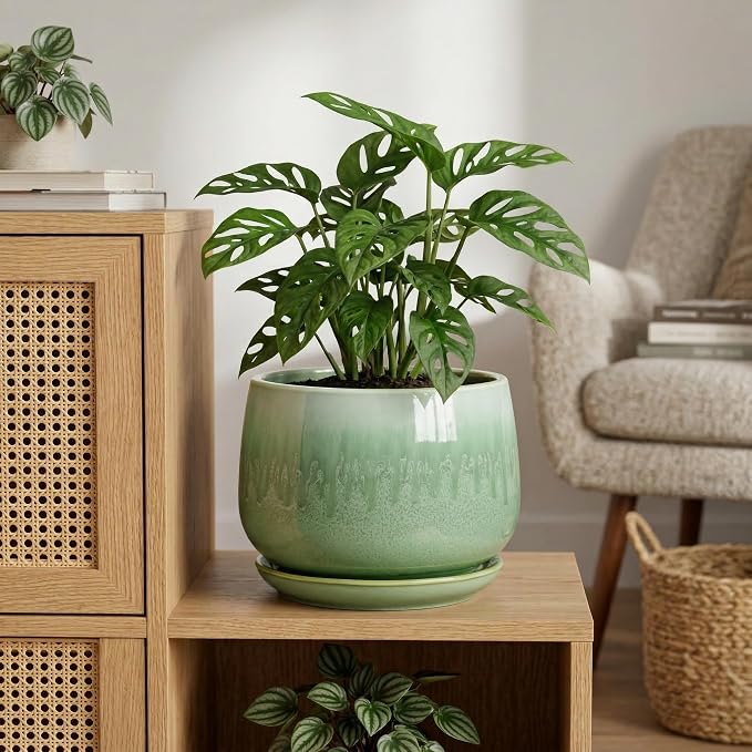 9 Inch Plant Pot - Ceramic Planter with Drainage Hole and Saucer, Decorative Ceramic Pots for Indoor Plants, Round Durable Flower Pot, Office House Patio Decor, Gifts for Plant Lovers, Green