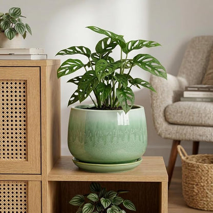 9 Inch Plant Pot - Ceramic Planter with Drainage Hole and Saucer, Decorative Ceramic Pots for Indoor Plants, Round Durable Flower Pot, Office House Patio Decor, Gifts for Plant Lovers, Green