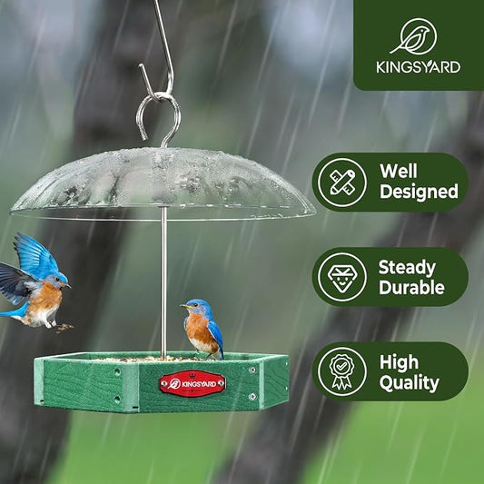 Kingsyard Large Platform Bird Feeder Outdoor Hanging, Adjustable Dome Squirrel Proof Rain Cover, Metal Mesh Tray Recycled Plastic Wild Bird Seed Feeding Station, Green