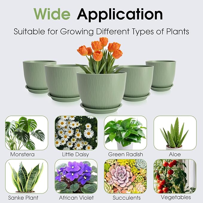 GARDIFE Plant Pots 10/9/8/7.5/7 Inch Plant Pots, Set of 5 Plastic Planters with Drainage Holes and Saucers,Plastic Flower Pots,Nursery Planting Pot for Indoor Out Door Plants (Green)