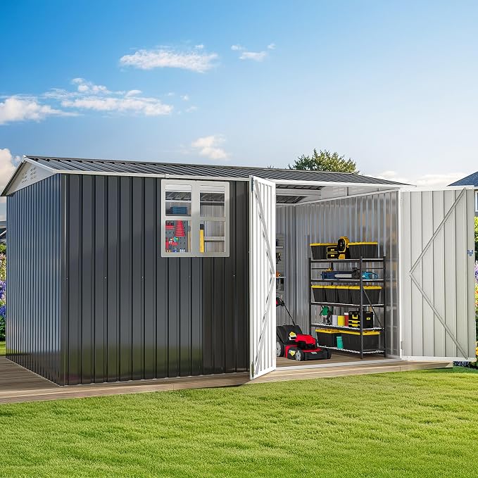 DWVO 12x8ft Metal Outdoor Storage Shed with Window, Lockable Tool Storage Sheds, Oversized Steel Garden Sheds with Sloped Roof for Backyard, Patio, Garage, Lawn, Gray & White