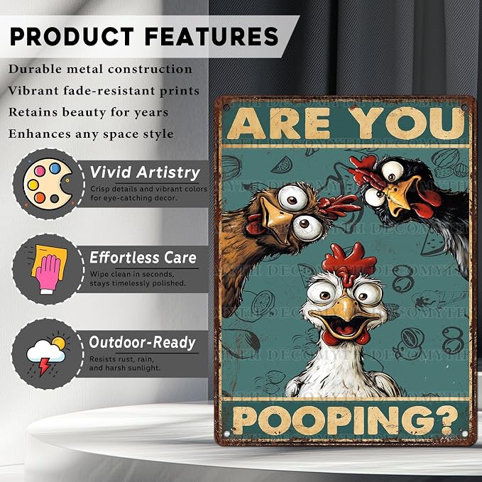 Vintage Chicken Tin Sign Are You Pooping Retro Bathroom Metal Poster Funny Wall Art Toilet Man Cave Bar Cafe Indoor Room Garage Store Office Farmhouse 12 * 16inch