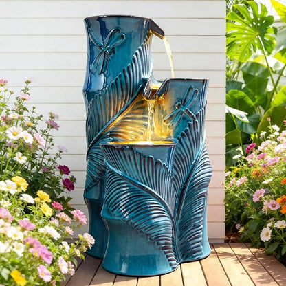25.5" H Ceramic Outdoor Water Fountain with LED Lights, 3-Tier Cascading Bamboo-Style Water Feature, Teal Blue, Embossed Leaf & Dragonfly Patterns, Tranquil Waterfall for Garden, Patio & Yard