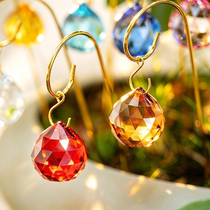 9PCS Colorful Crystal Ball Prisms with 7.5‘’ Small Gold Trellis for Plants | Mini Potted Plant Indoor Accessories,Sun Catchers,Metal Plant Stakes Suncatchers for Home Fairy Garden Decor,Whimsical Decor